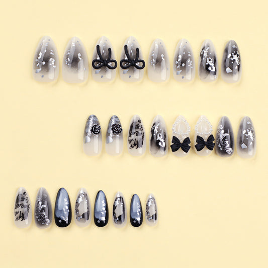 Black three-dimensional bow  pearl love star nail art piece gradual change sequins letter almond ｜365nails