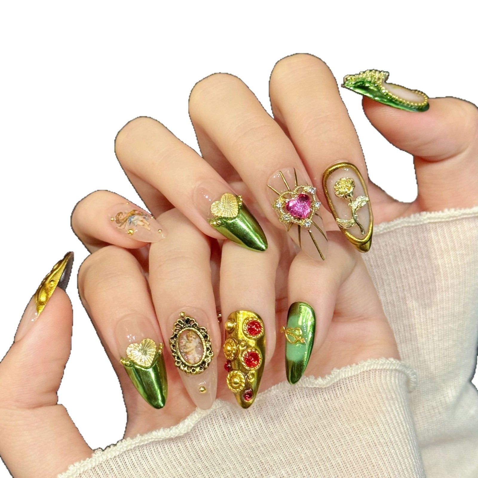 Green Gold Vintage Gem Heart Baroque Luxury Press On Nails