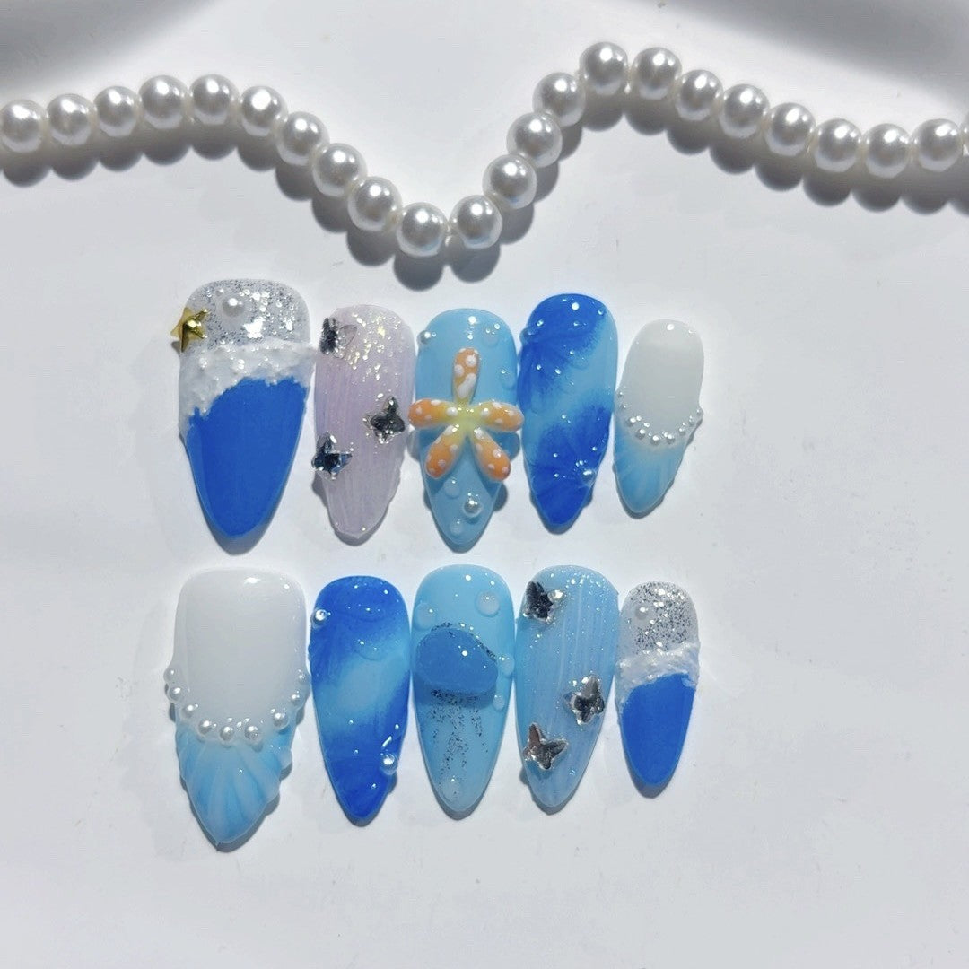 365nails-Ocean Whisper: "Seashell Starfish" – Almond Shape Handmade 3D Carved Press-On Nails