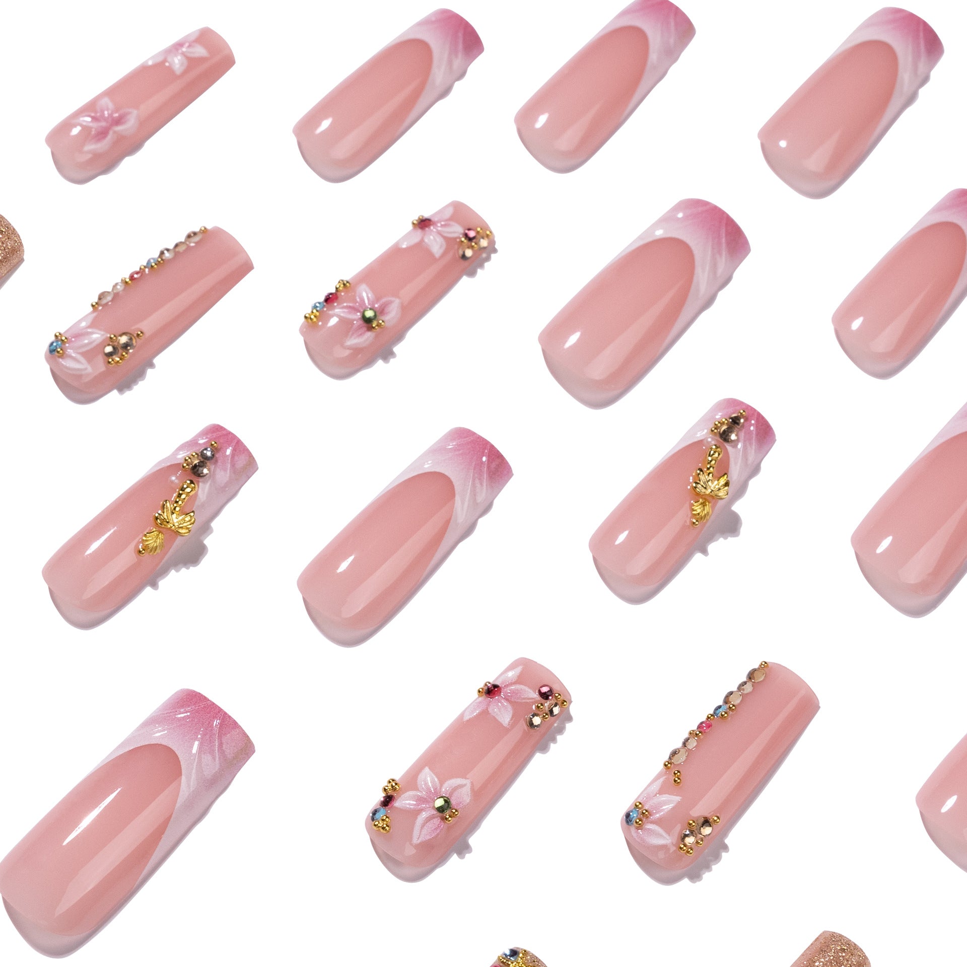 365nails: 핑크 3D 플라워 골드 및 라인스톤 장식 스퀘어형 – 럭셔리 프레스온 네일