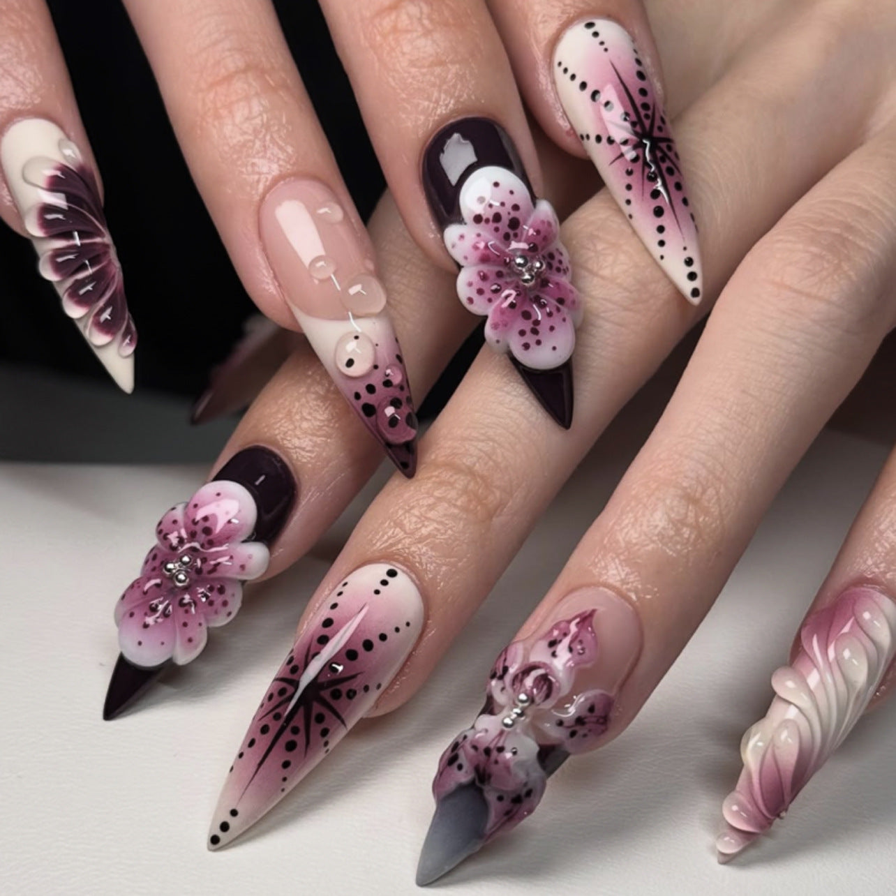 3d floral press-on nails, long stiletto french manicure