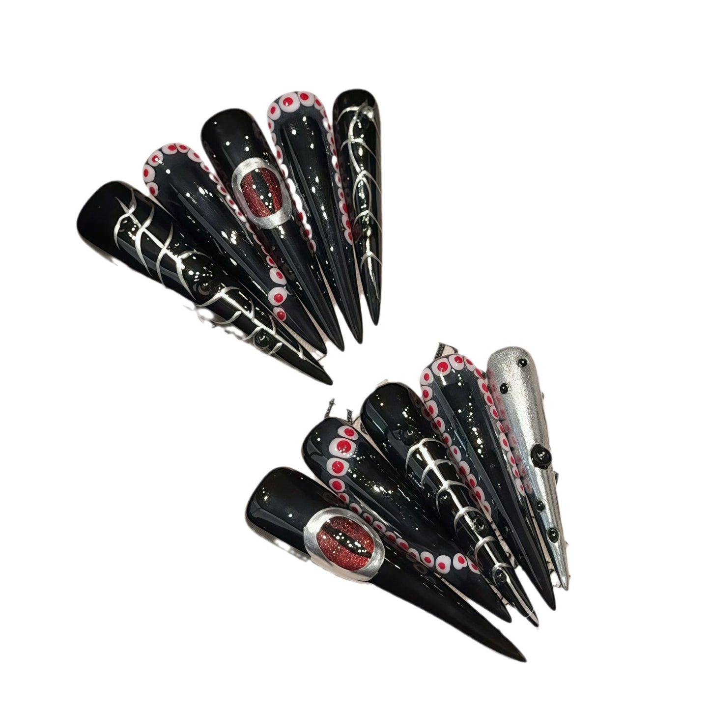 Uñas premium dulces y geniales con diseño de ángel de metal, ojo de diablo, con personalidad, punta extra larga y oscura | 365nails