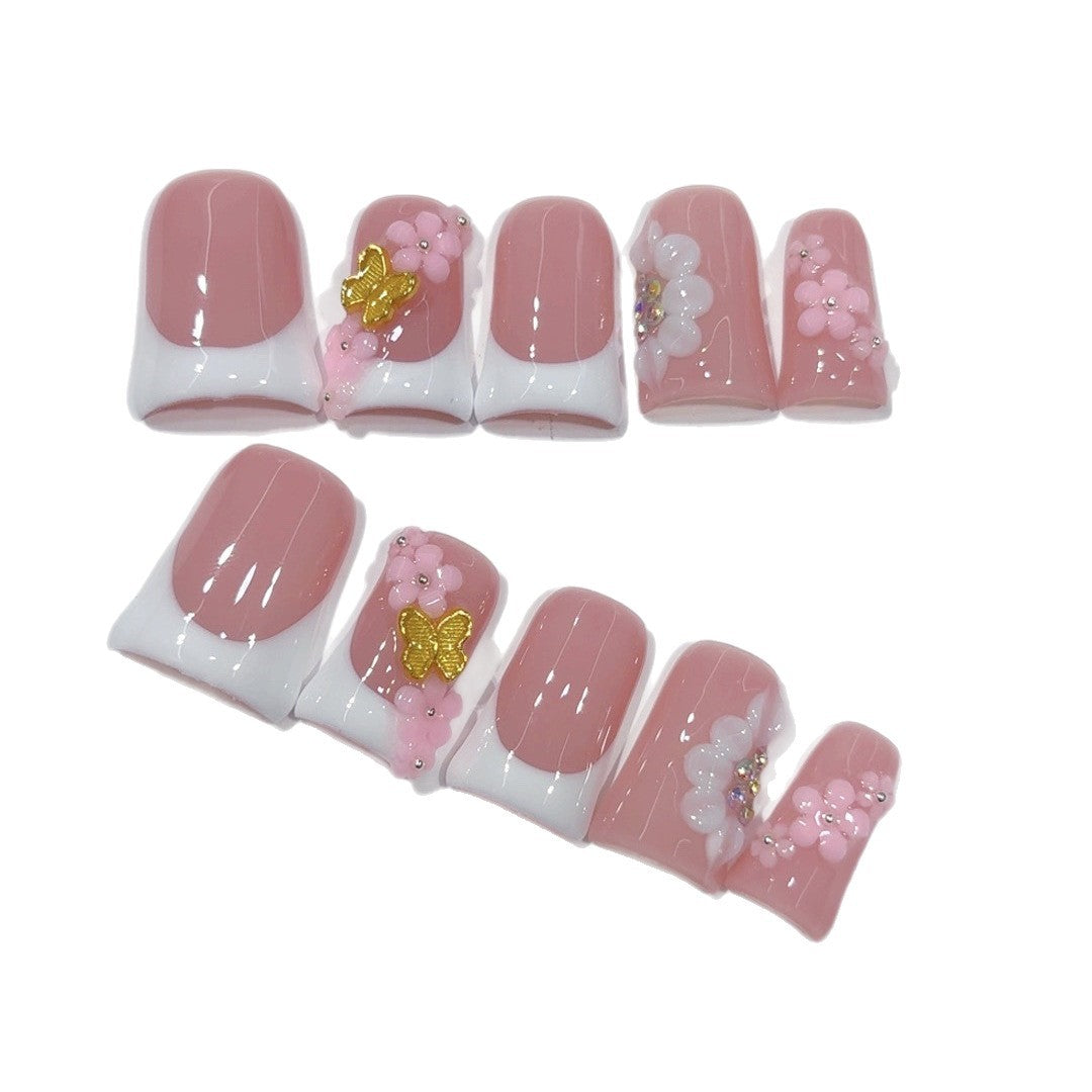 Blush Floral: "Pink Cherry French" – Short Square Handmade Press-Ons