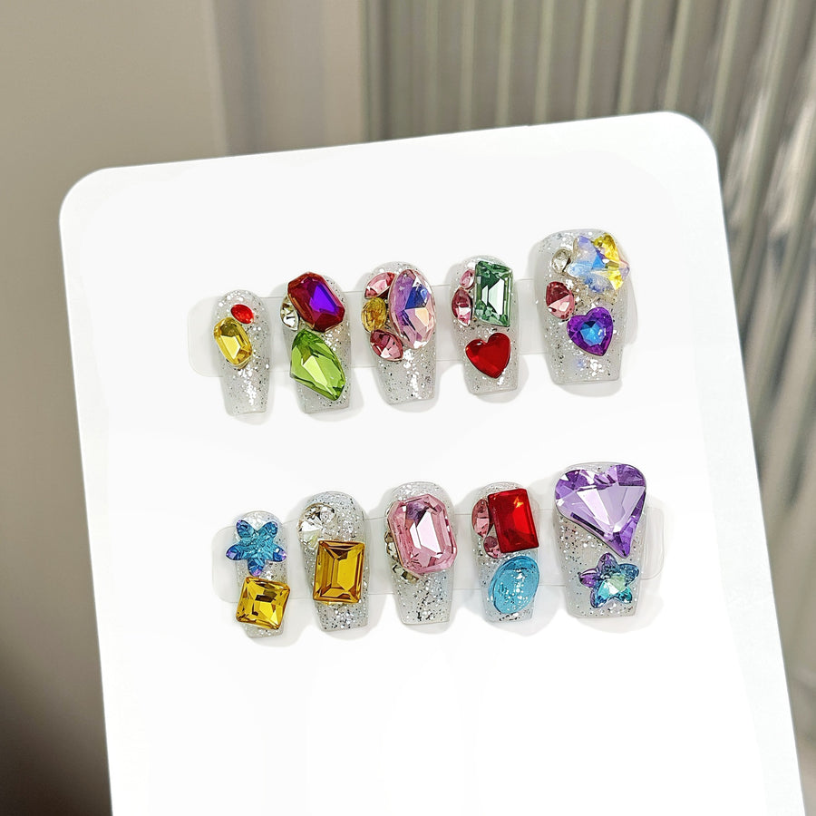 365nails: "Candy Gem" – Multi-Color Diamond & Glitter Handmade Short Square Nails