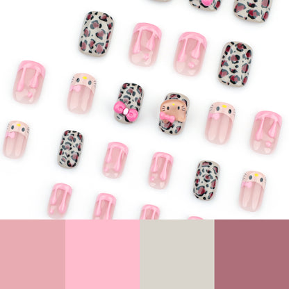 Unhas de pressão com laço de gato tridimensional, manicure francesa 3D em bolo de creme rosa, peça de unha com estampa de leopardo para outono e inverno｜365nails