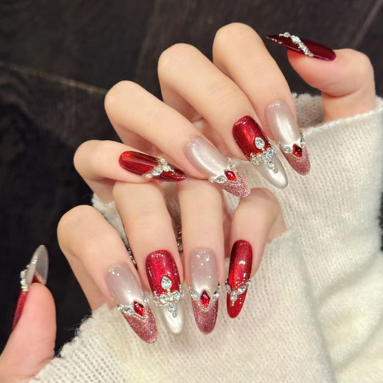 Red Silver Crystal Glam Gradient Nails