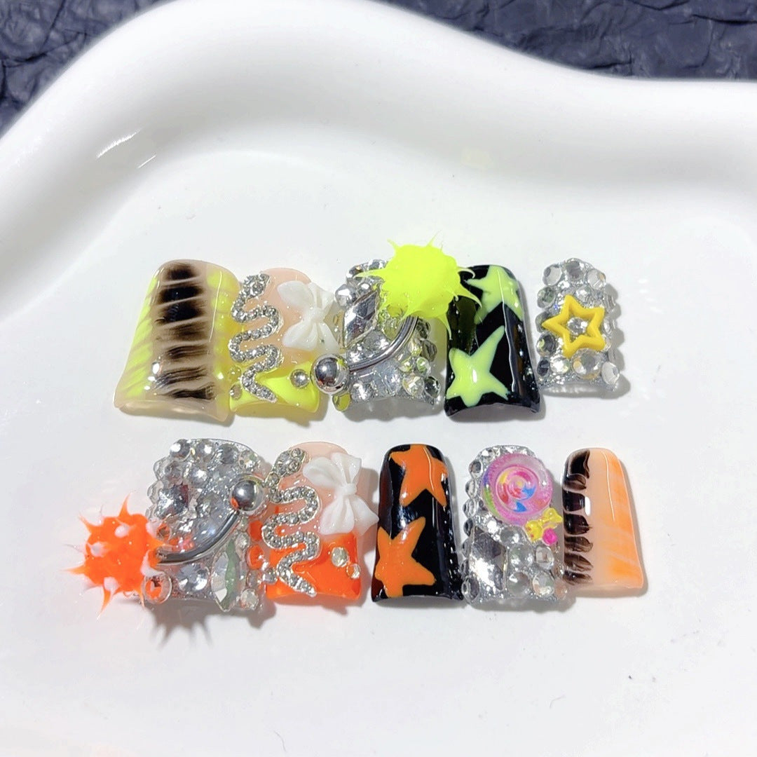 Cyber Punk: "Neon Chaos" – Duck Bill Shape 3D Handmade Press On Nails