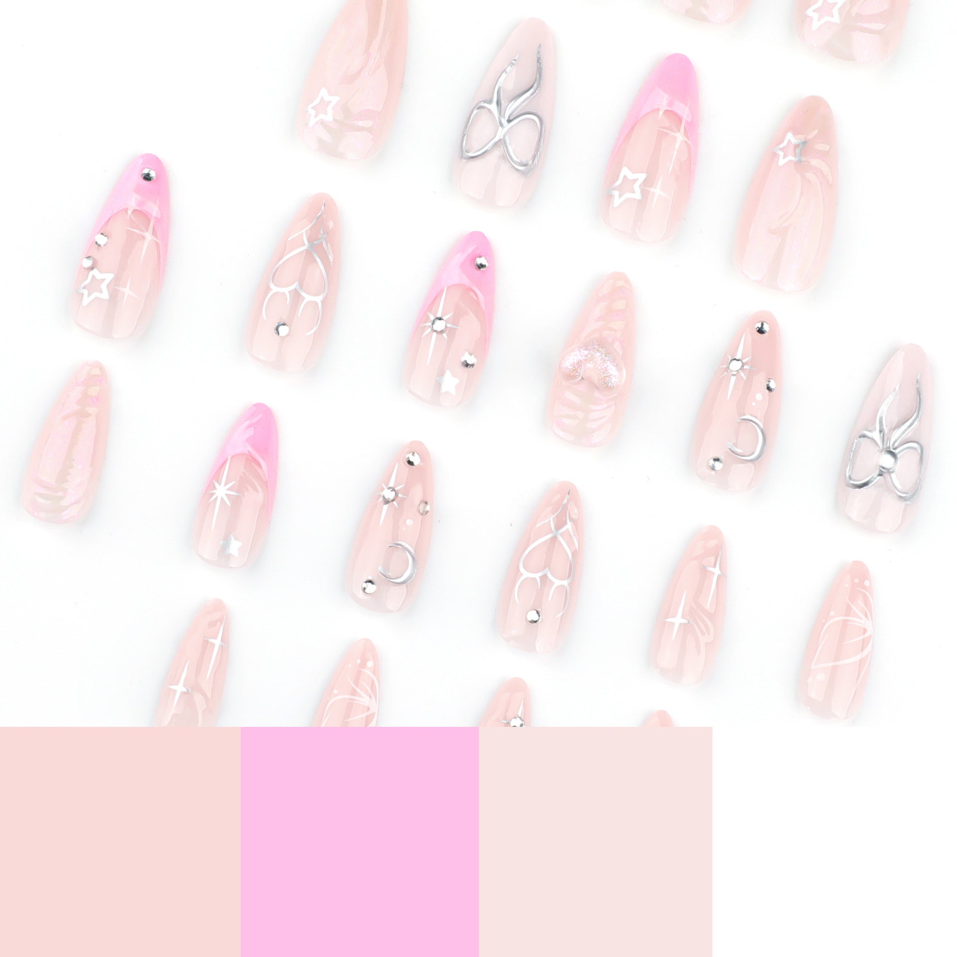 Faux ongles 3D motif nœud "Love" rose, pour la Saint‑Valentin, manucure française, courts forme amande — film d'ongles portable｜365nails