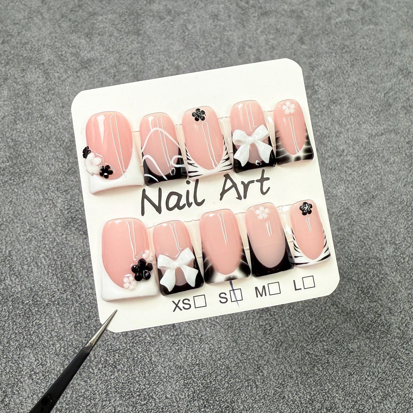 Duck bill nail black and white contrasting color ice-through French bow Handmade press on nails wearable fake nail｜365nails