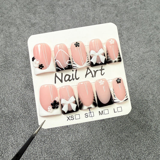Duck bill nail black and white contrasting color ice-through French bow Handmade press on nails wearable fake nail｜365nails