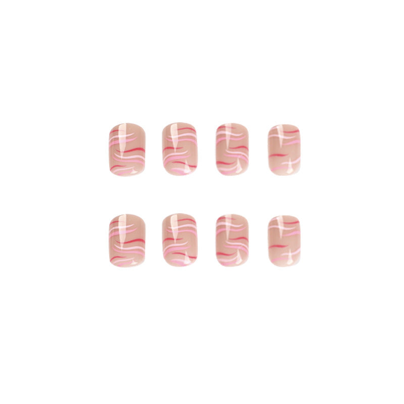 Venta al por mayor de uñas postizas con diseño de rayas contrastantes en rosa y rojo, onduladas, cortas, para uso diario, producto terminado para uñas postizas | 365nails