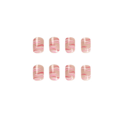 Nail art atacado fofo rosa vermelho contrastante listras onduladas curtas desgaste unha desgaste unha arte produto acabado atacado ｜ 365nails