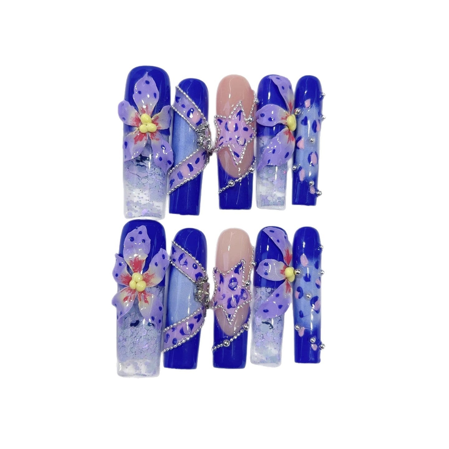 Blue Floral Sculpted Art Crystal Statement Press On Nails