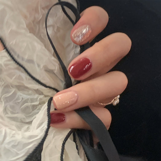 Cherry burgundy glitter  finished   fake nail  removable nail piece｜365nails
