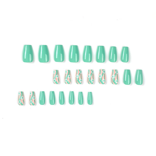 Nail Art  Wholesale Short Green Wave White Flower  Art Nail Piece ｜365nails