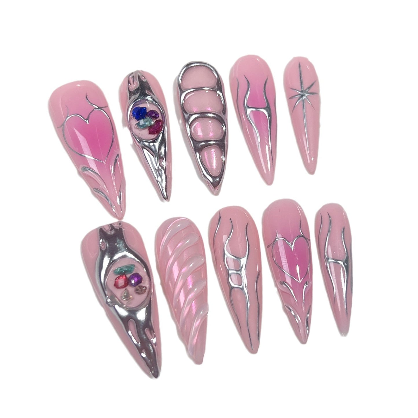 Handemade press on nails Colored Stone Baroque Metal Blush Nail Creative Hand Painted Lines Sweet Cool Nail Art｜365nails