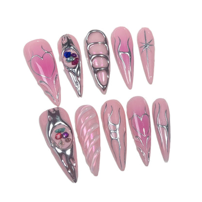 Handemade press on nails Colored Stone Baroque Metal Blush Nail Creative Hand Painted Lines Sweet Cool Nail Art｜365nails