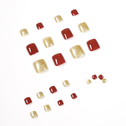 Summer Charm Deep Red Full Gold Diamond Foot Nail Press on nails Art Finished Fake Nail Nail Patch Removable Nail Patch｜365nails