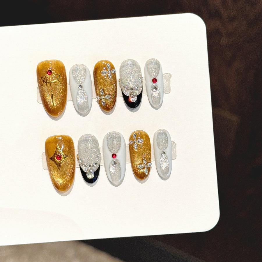 365nails: "Gilded Pharaoh" – 3D Skull & Cat Eye Handmade Coffin Nails
