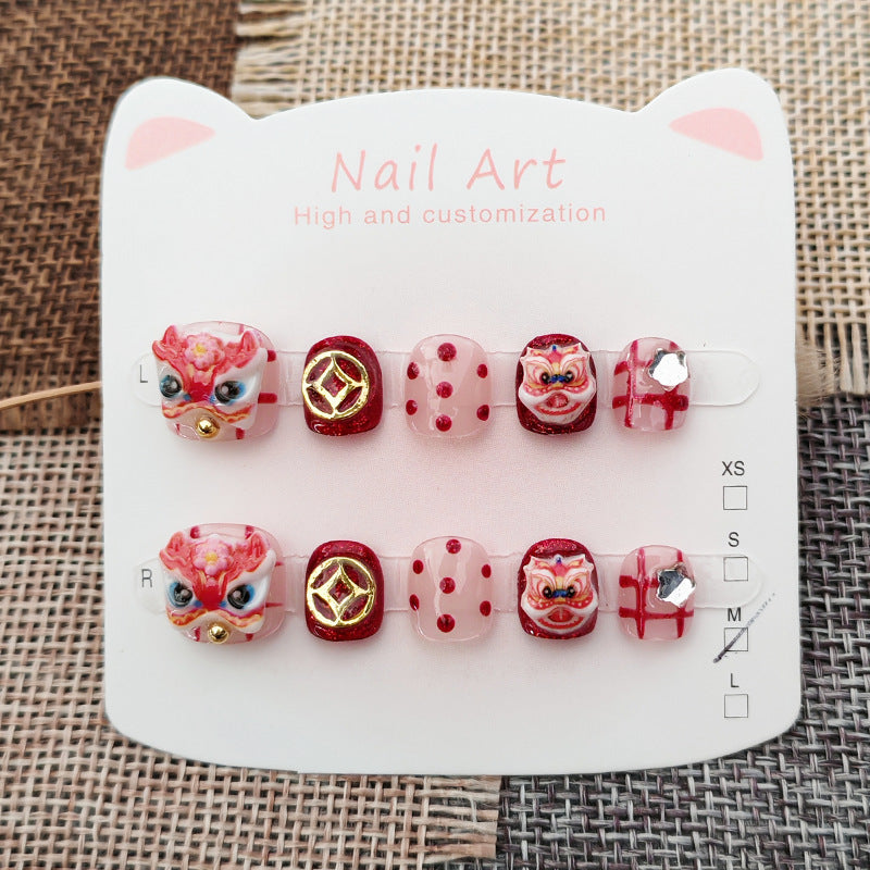 365nails: "lucky red lion dance" – short round handmade kids press-on nails