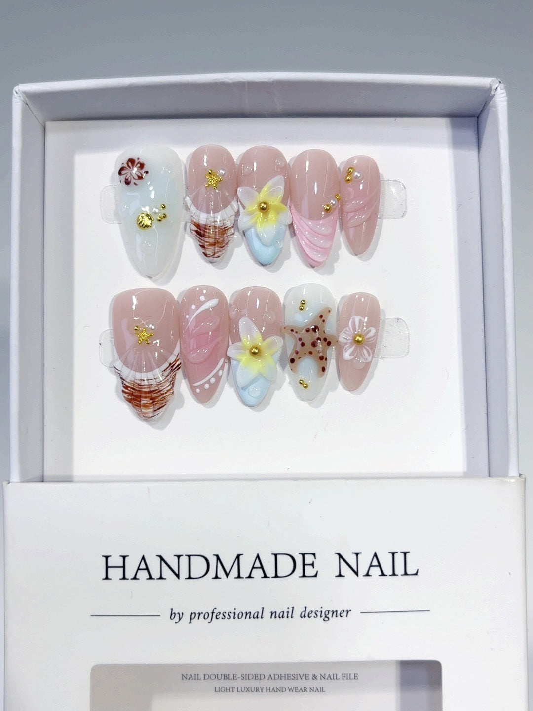 Beach Breeze: "Seashell & Floral" – Almond Press-On Nails