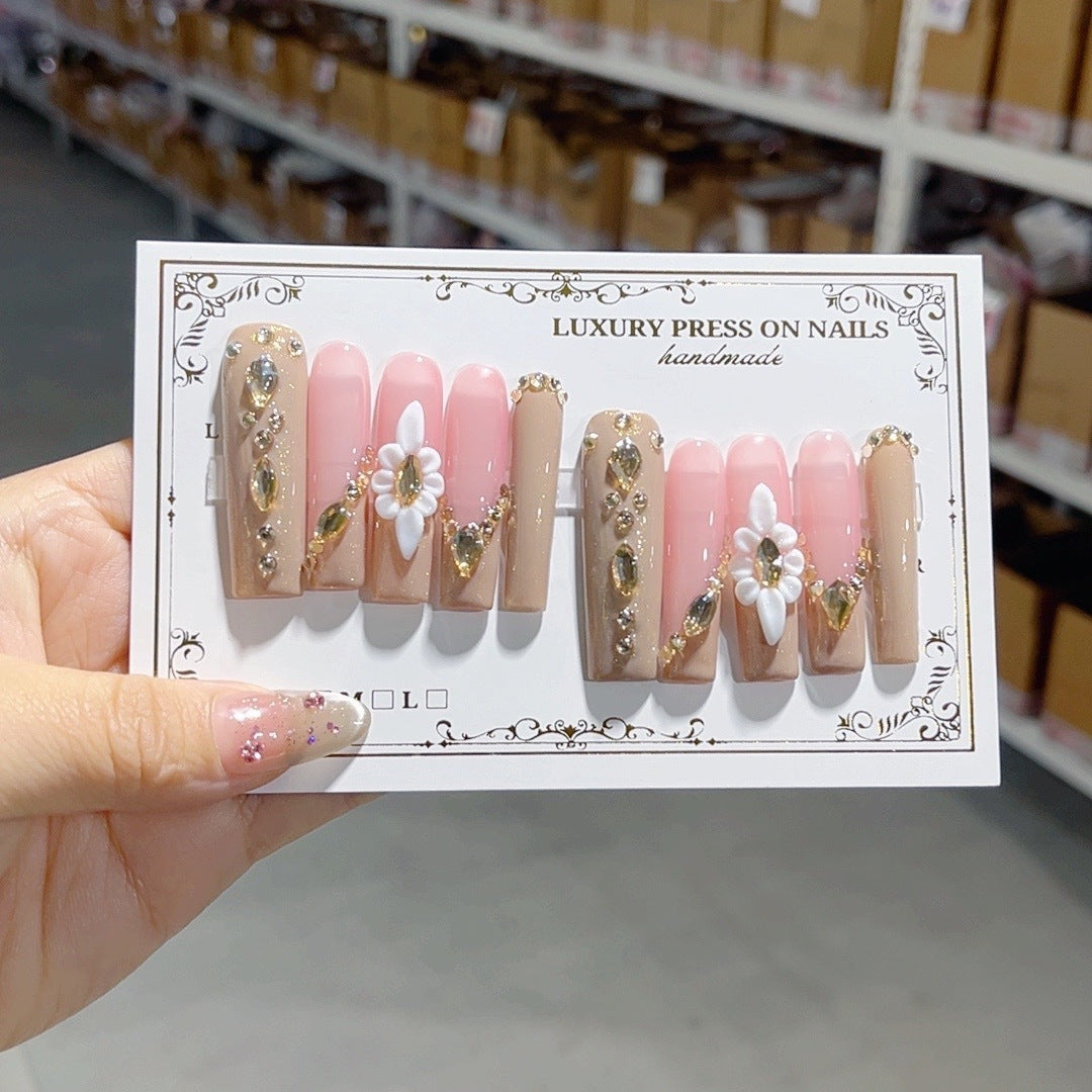 Soft Nude Pearl Floral Elegant Extra Long Press On Nails