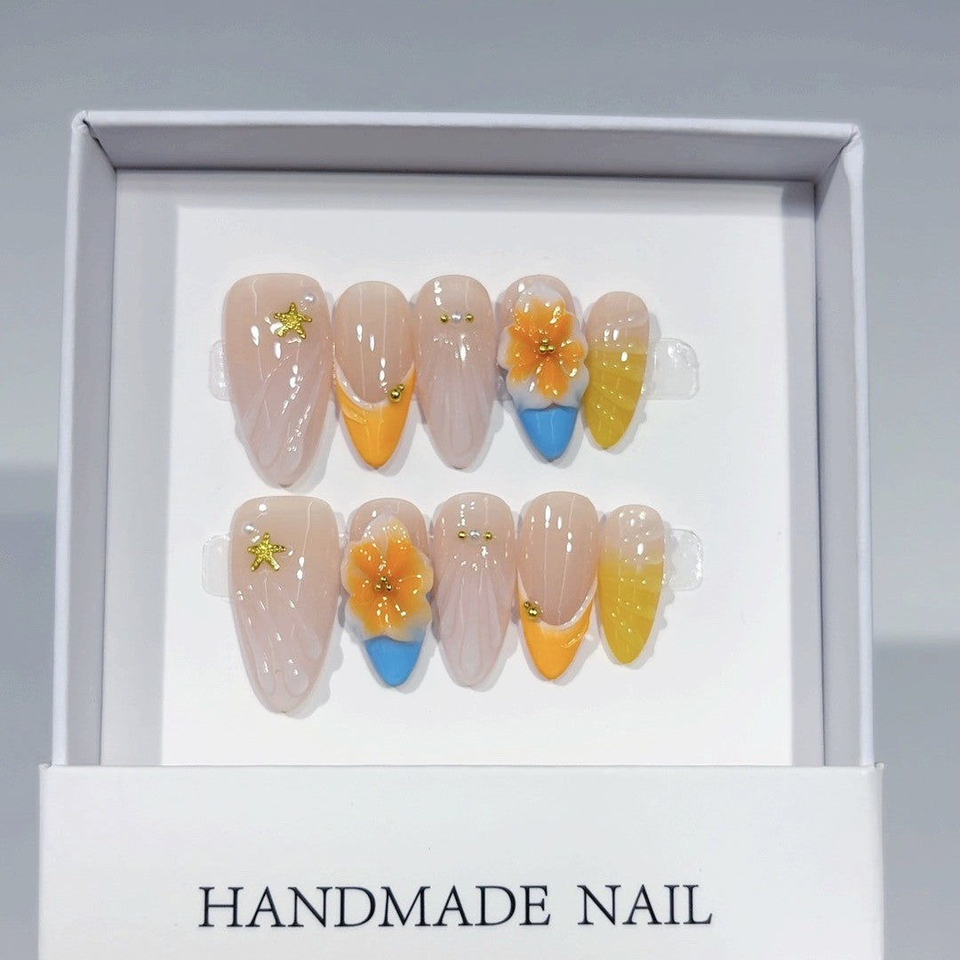 Summer Citrus: "Orange Bloom" – Medium Almond Handmade Press On Nails