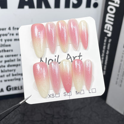 Unhas postiças simples, blush, doces, puras, brilhantes, Spice Girl, longas, feitas à mão, para usar no atacado｜365nails