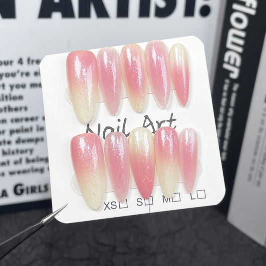Unhas postiças simples, blush, doces, puras, brilhantes, Spice Girl, longas, feitas à mão, para usar no atacado｜365nails