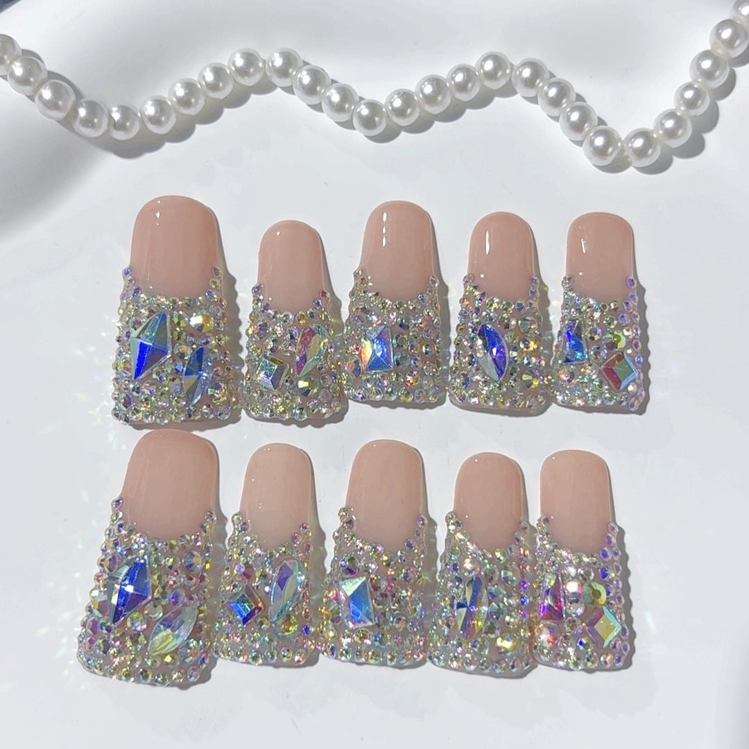 Stardust Glow: "Crystal Cascade" – Square Shape Handmade Press-On Nails