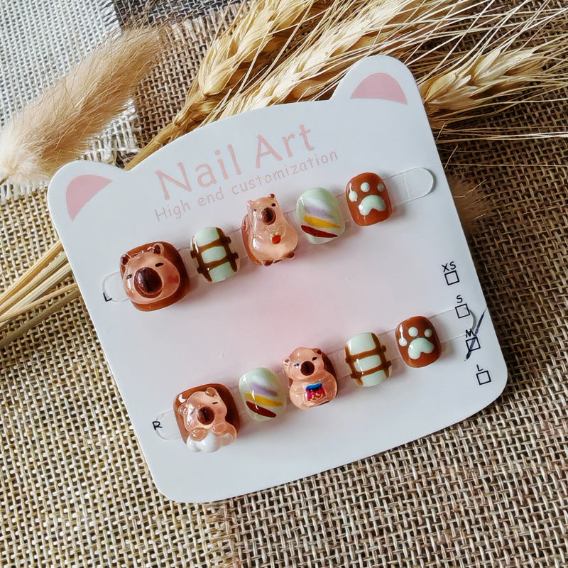 365nails — 可愛水豚兒童系列：「彩虹水豚大冒險」短款方形兒童穿戴甲