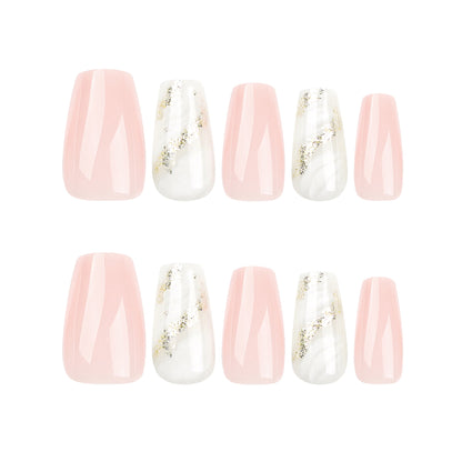 Solid color pink press on nails white smudged gold glitter streamer nail piece finished ballet removable nail art｜365nails