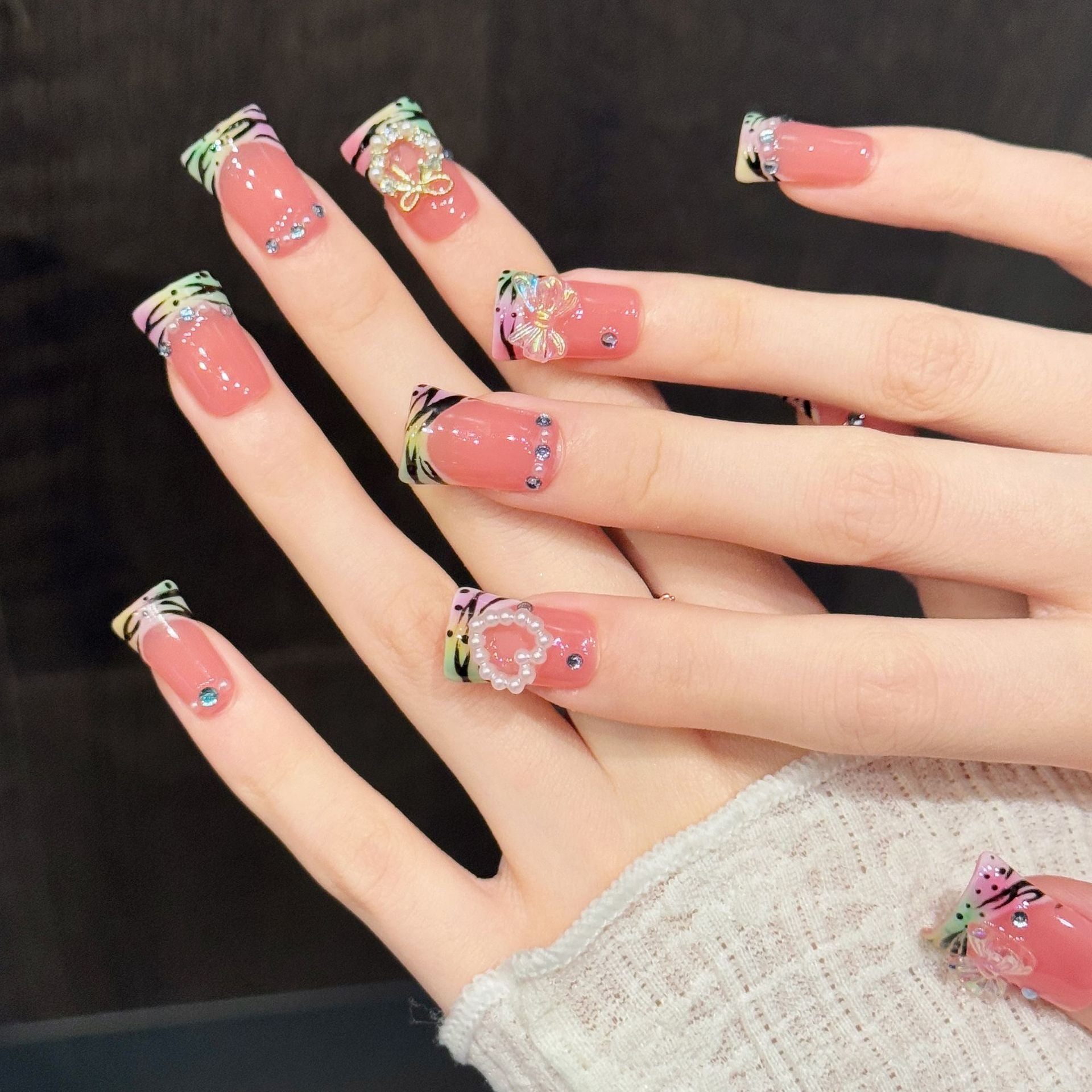 365nails: "Iridescent Reverie" – 3D Butterfly & Pearl Handmade Press on Nails Short Square Nails