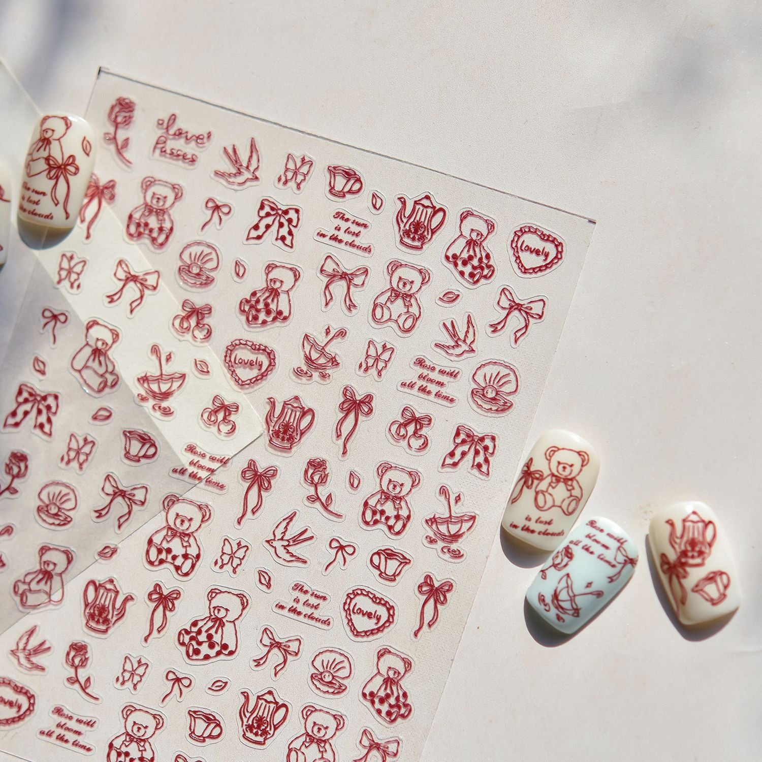 Vintage Teddy Bear: "Red Line Art" – 3D Embossed Nail Sticker