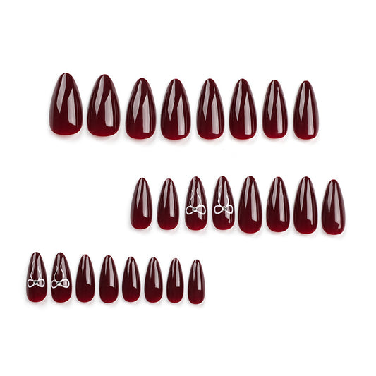 Burgundy solid color simple ins nail art piece Valentine's Day bow point diamond  almond  wholesale｜365nails