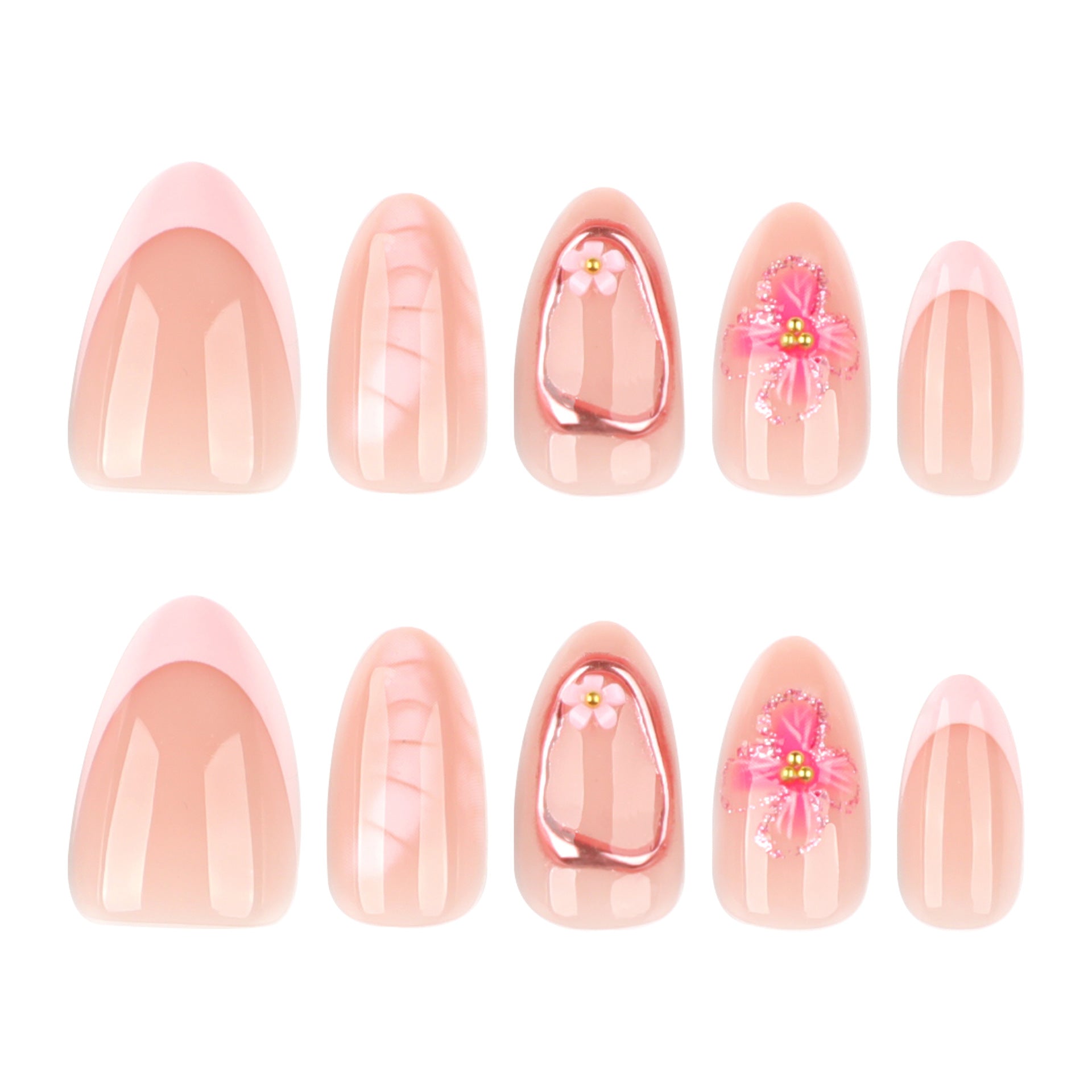 Manicure curta amêndoa francesa flor 3D rosa ｜365nails