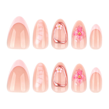 Short almond  manicure French pink   3D flower   ｜365nails