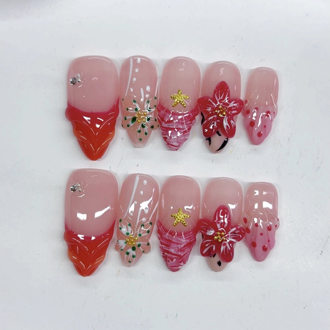 365nails-Ruby Blossom：「紅色花卉」— 杏仁形 手工製 3D 雕刻 穿戴甲