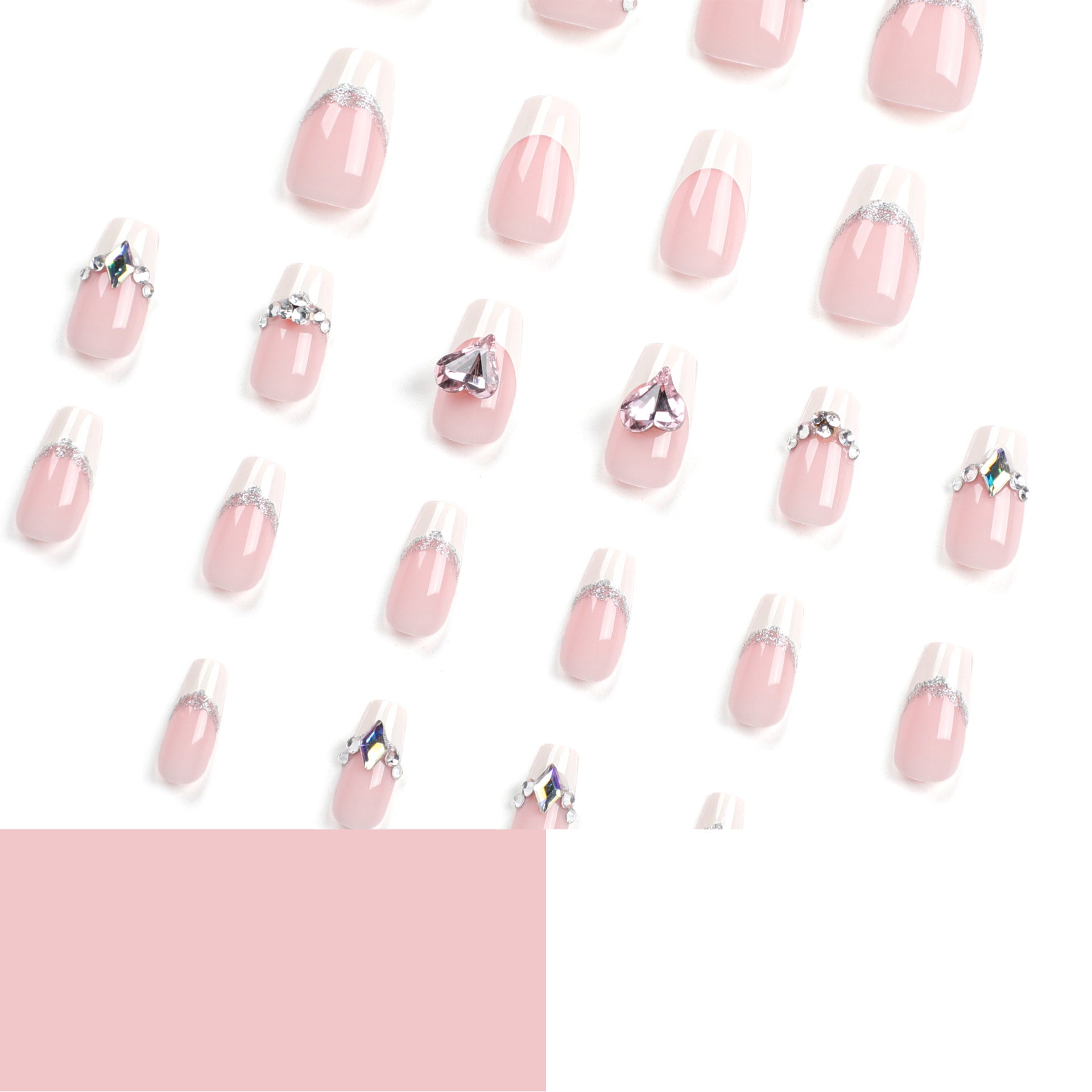 Unhas francesas com flash de diamantes explosivos, adesivos de unha removíveis e usáveis, arte de unhas falsas ｜365nails