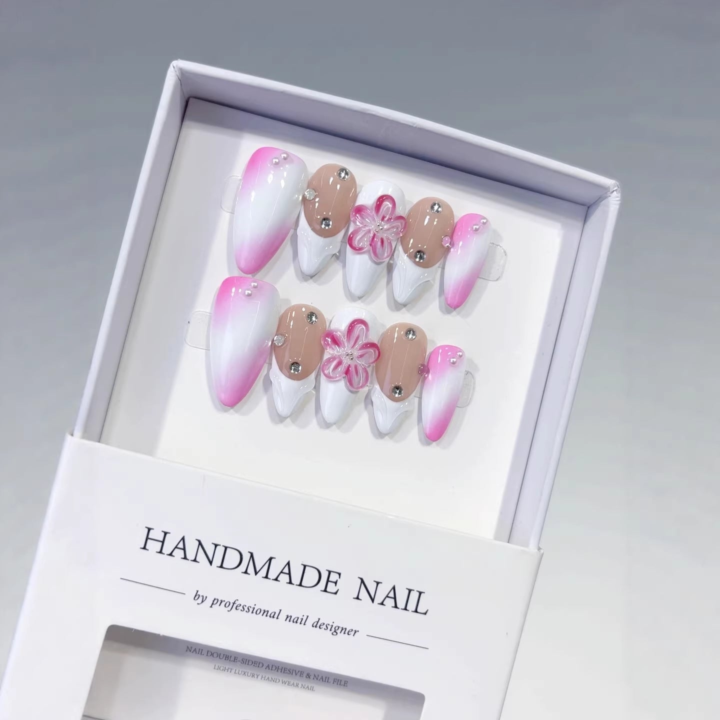 365nails-Sakura Romance: "Flor Rosa Degradê" – Unhas Postiças Artesanais Longas Amêndoas