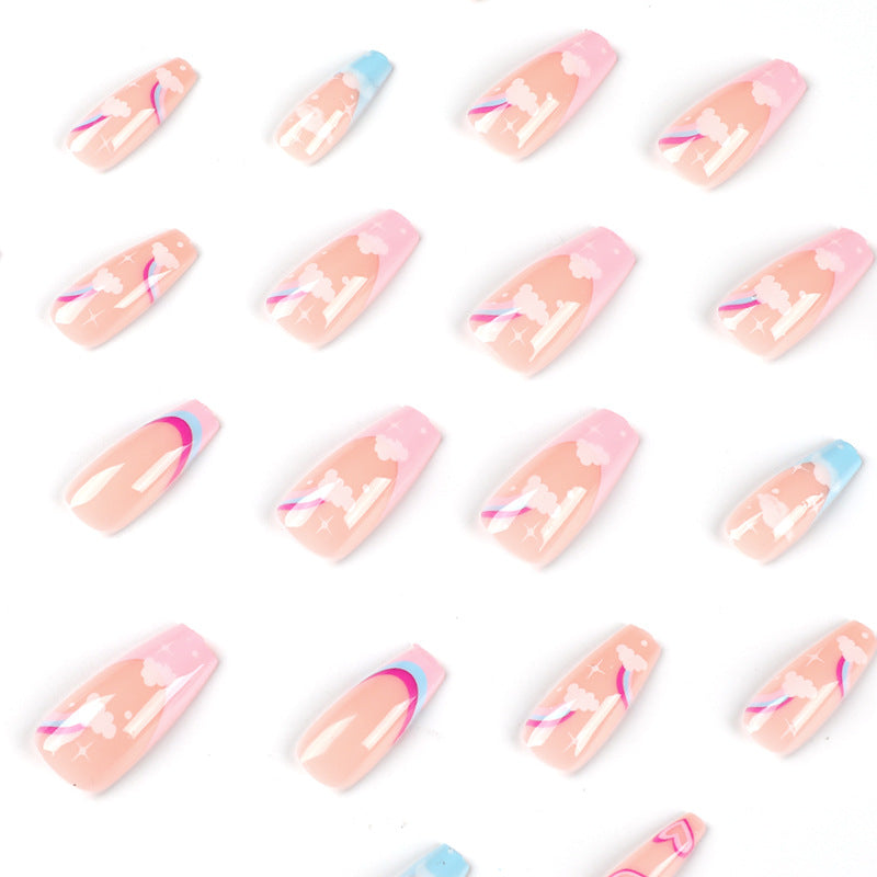 Pressione em Rainbow Cloud Multicolor French Edge Love Pressione em unhas Atacado Unhas Removíveis ｜ 365nails