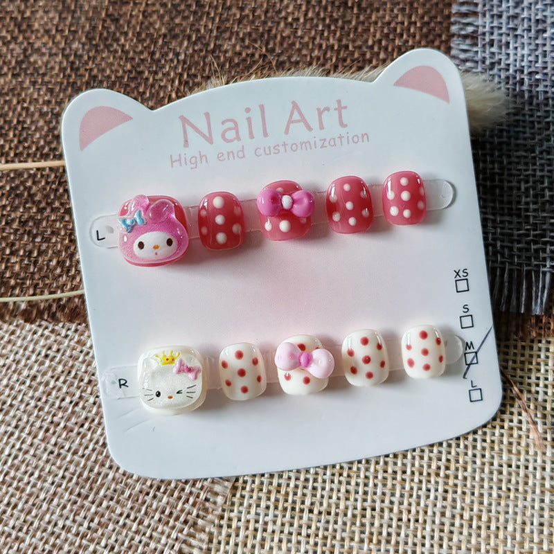 365nails: "polka dot kitty & melody" – short round handmade kids press-on nails