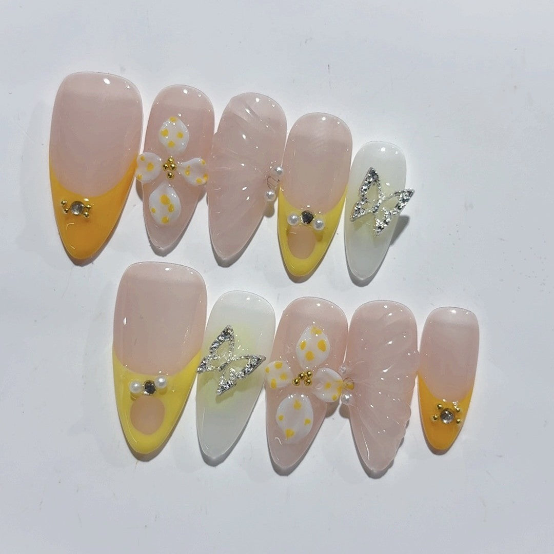 365nails-Lemon Butterfly: "Fresh Floral" – Almond Shape Handmade 3D Carved Press-On Nails