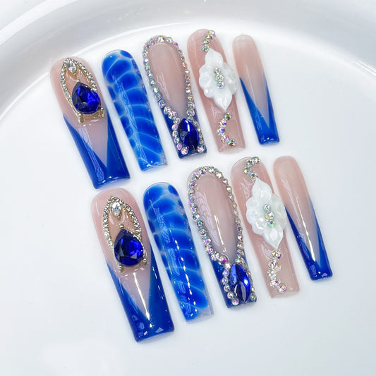 Medium and long water pipe nail art patch ice through French Handmade press on nails smudge snake skin personalized fake nail wholesale｜365nails