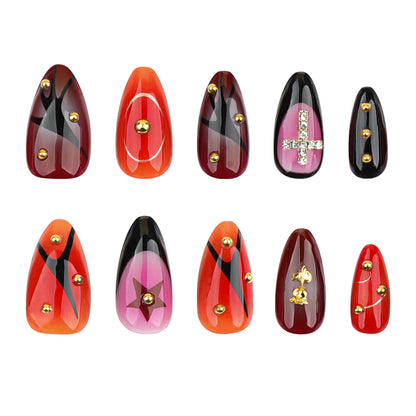 Point diamond metal three-dimensional rose almond wearing nail  French smudge Spice Girl cross nail art fake nails｜365nails