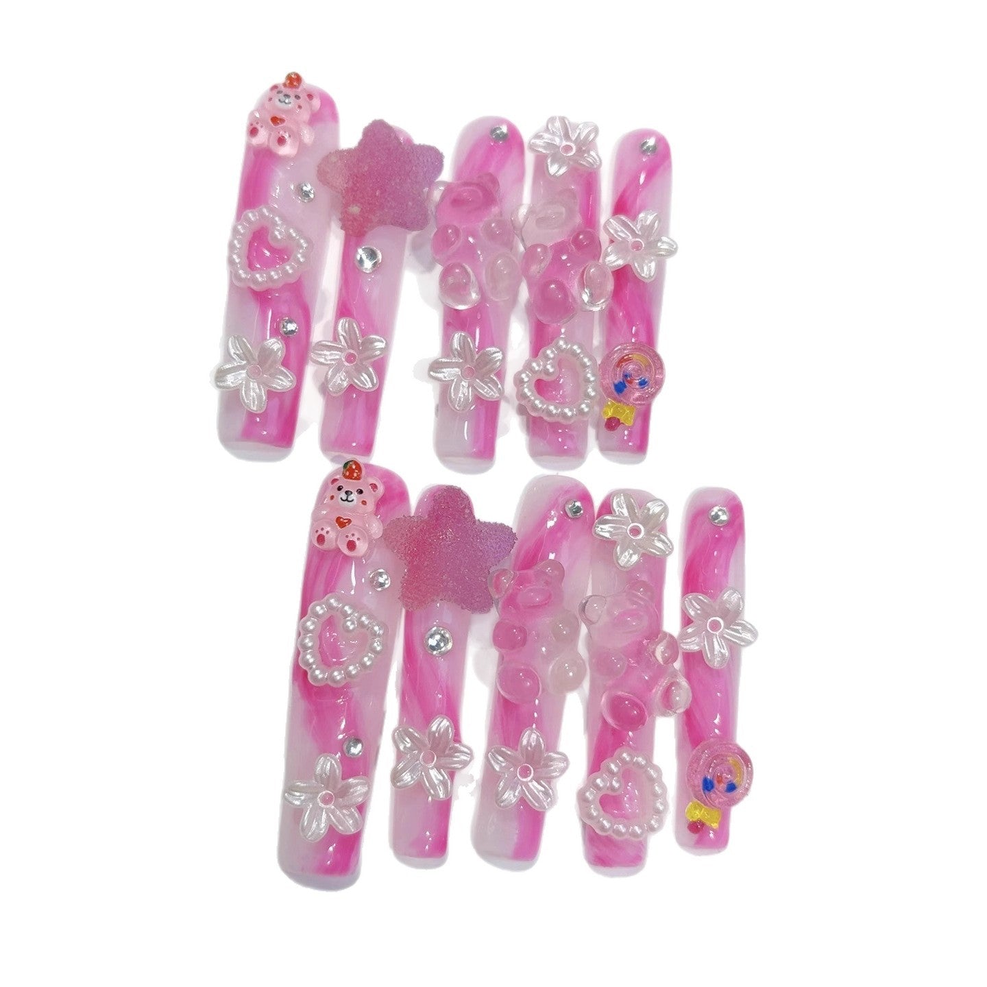 Unhas Postiças Rosa Urso de Gelatina Floral Fofo de Destaque