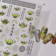 Embossed Chinese Teapot Nail Stickers – Jade & Calligraphy Set