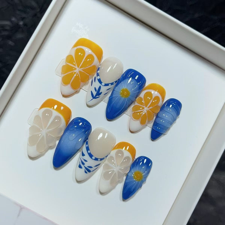 365nails：「海洋柑橘」— 3D 柑橘片 手工製 杏仁形 穿戴甲