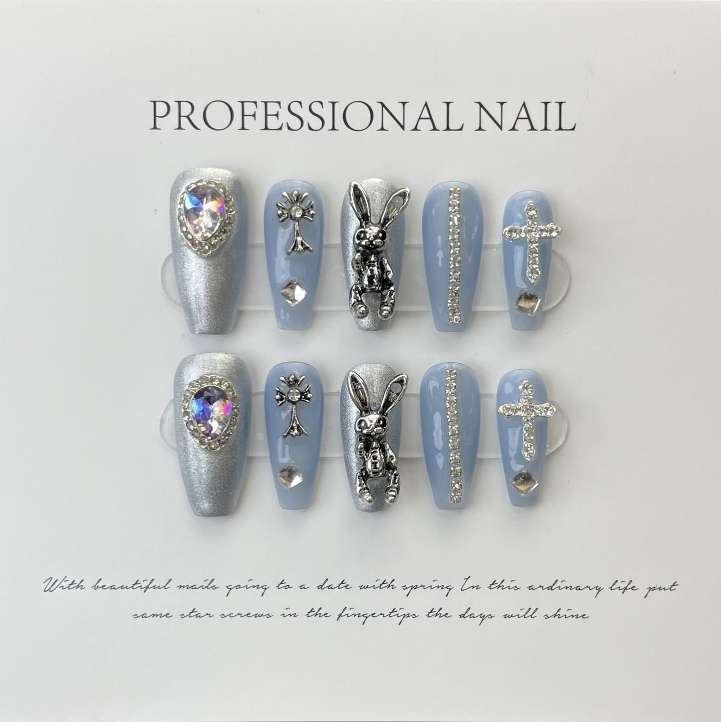 handmade press on nails Psychedelic Empress Dowager Silver White Silver Flash Spice Girl Nail Art  Long Tip Nail Type | 365nails