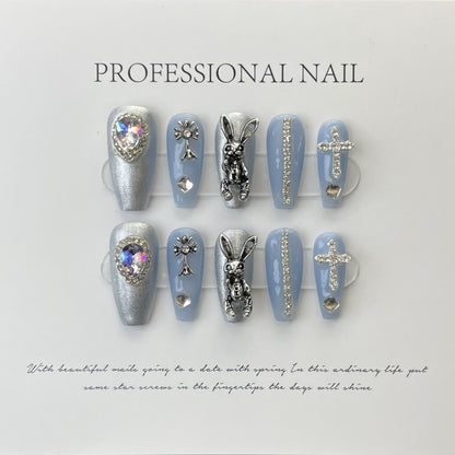 handmade press on nails Psychedelic Empress Dowager Silver White Silver Flash Spice Girl Nail Art  Long Tip Nail Type | 365nails